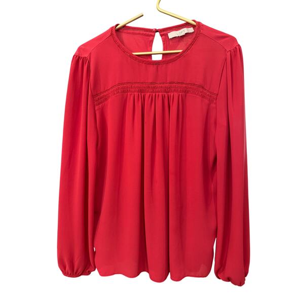 LOFT Pink Blouse Cutout Neckline Blouson Sleeves Shirred Bodice Size M EUC - Picture 2 of 7